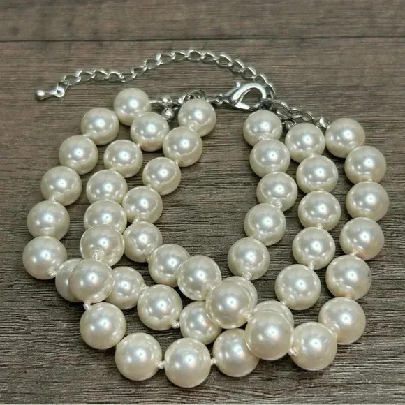 Jewelry - Three Strand Faux Pearls Silver Tone Bracelet